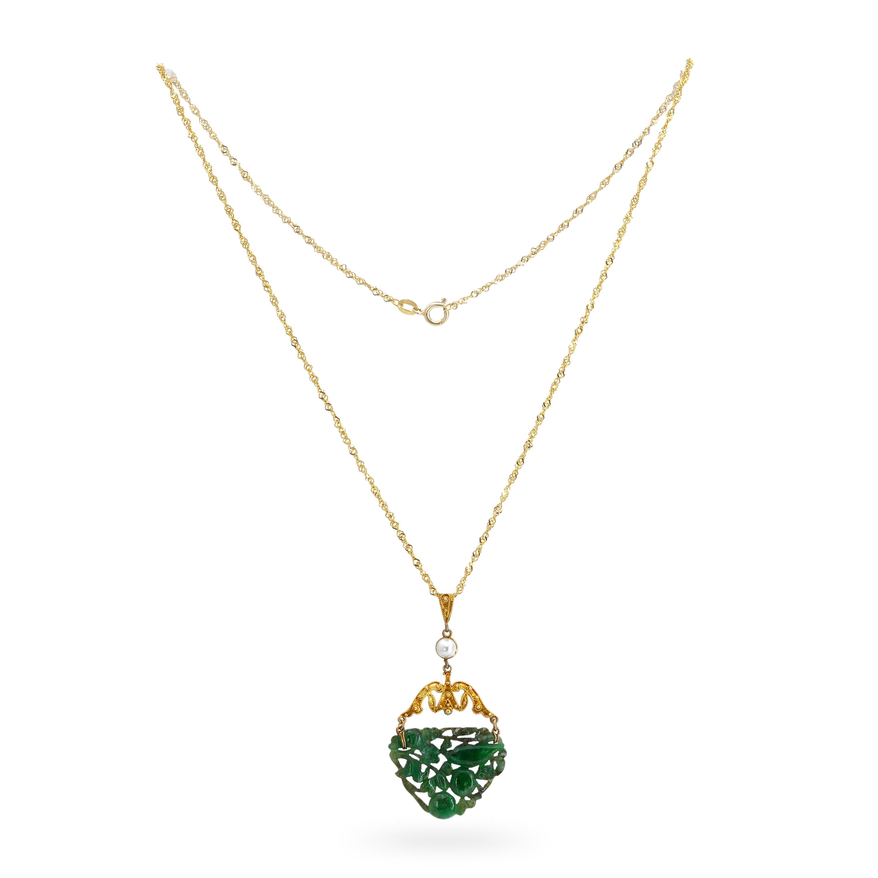 Antique 18k Riveted Yellow Gold Pearl and Jadeite Jade Carving Pendant
