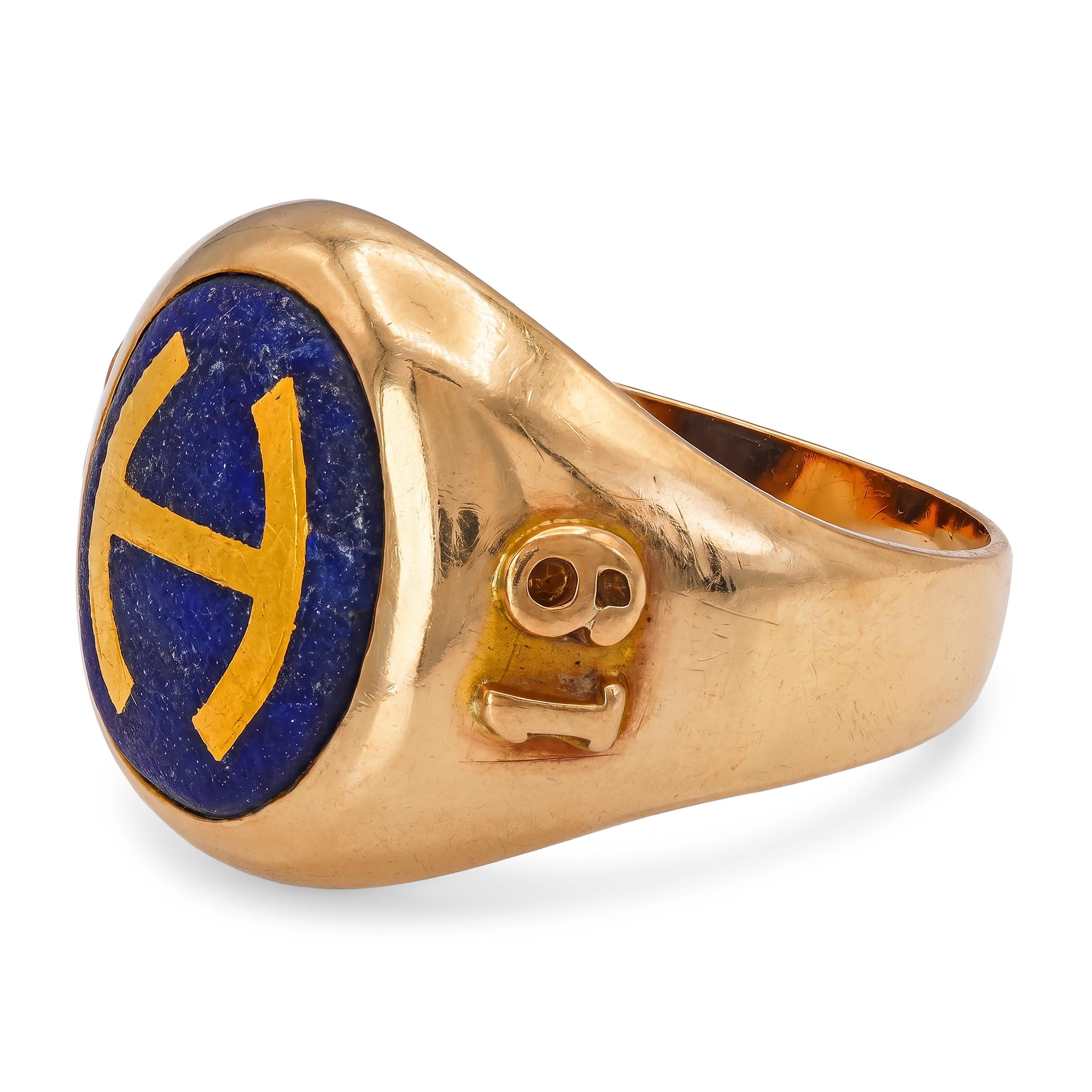 Vintage 1940 10k Yellow Gold Lapis Lazuli and Inlay H. Initial Ring