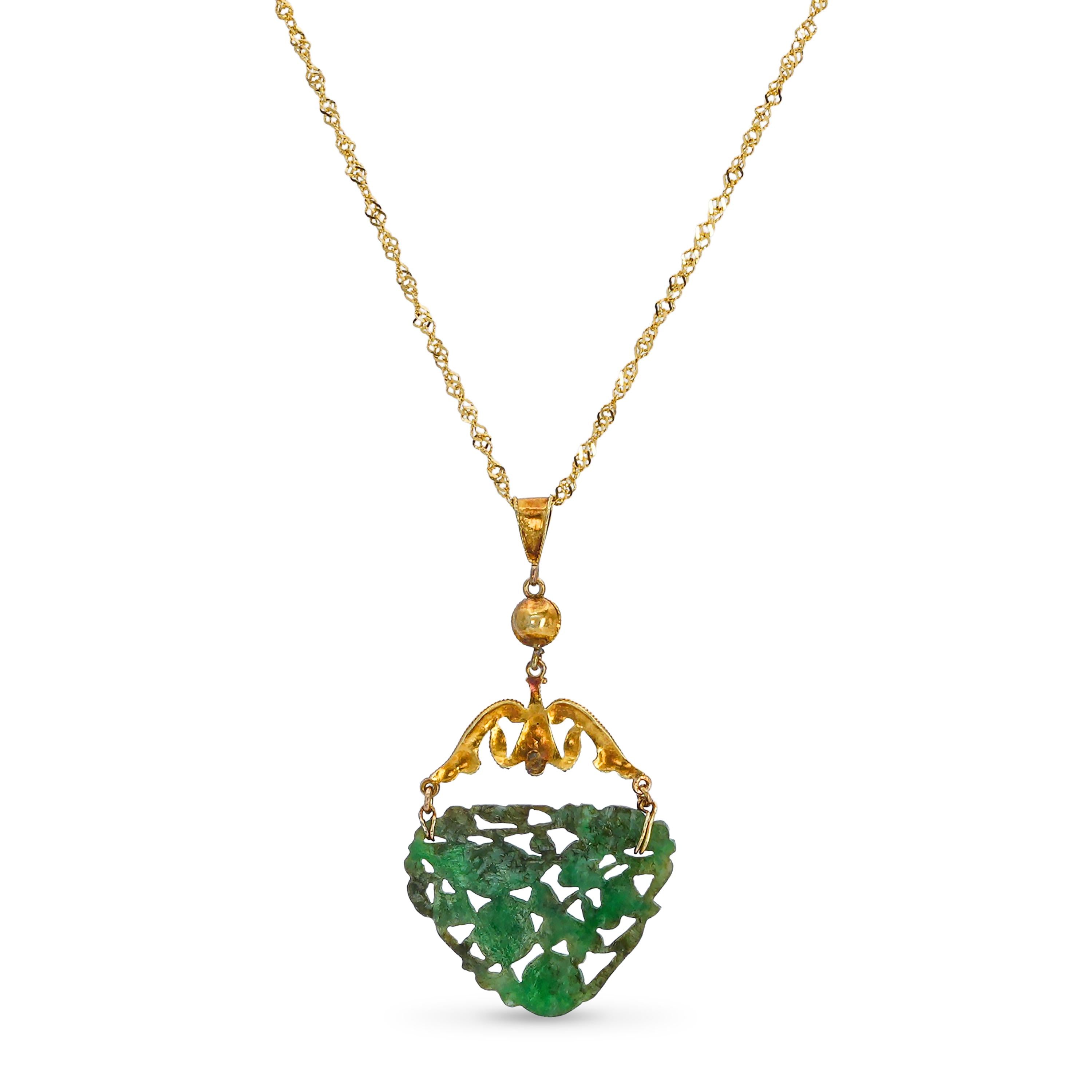 Antique 18k Riveted Yellow Gold Pearl and Jadeite Jade Carving Pendant