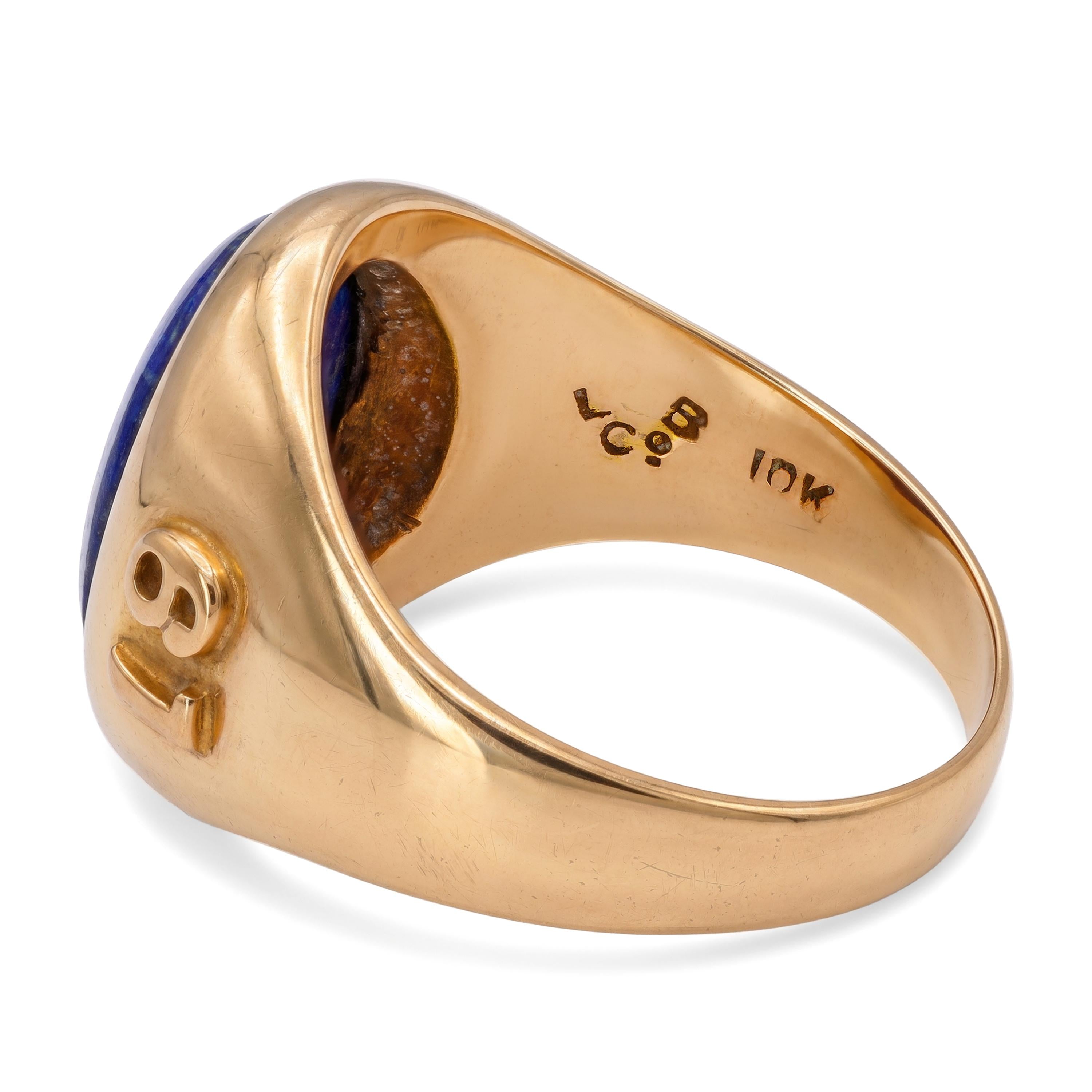Vintage 1940 10k Yellow Gold Lapis Lazuli and Inlay H. Initial Ring