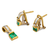 Vintage Two Tone 16k Gold Emerald and Diamond Earring and Pendant Set