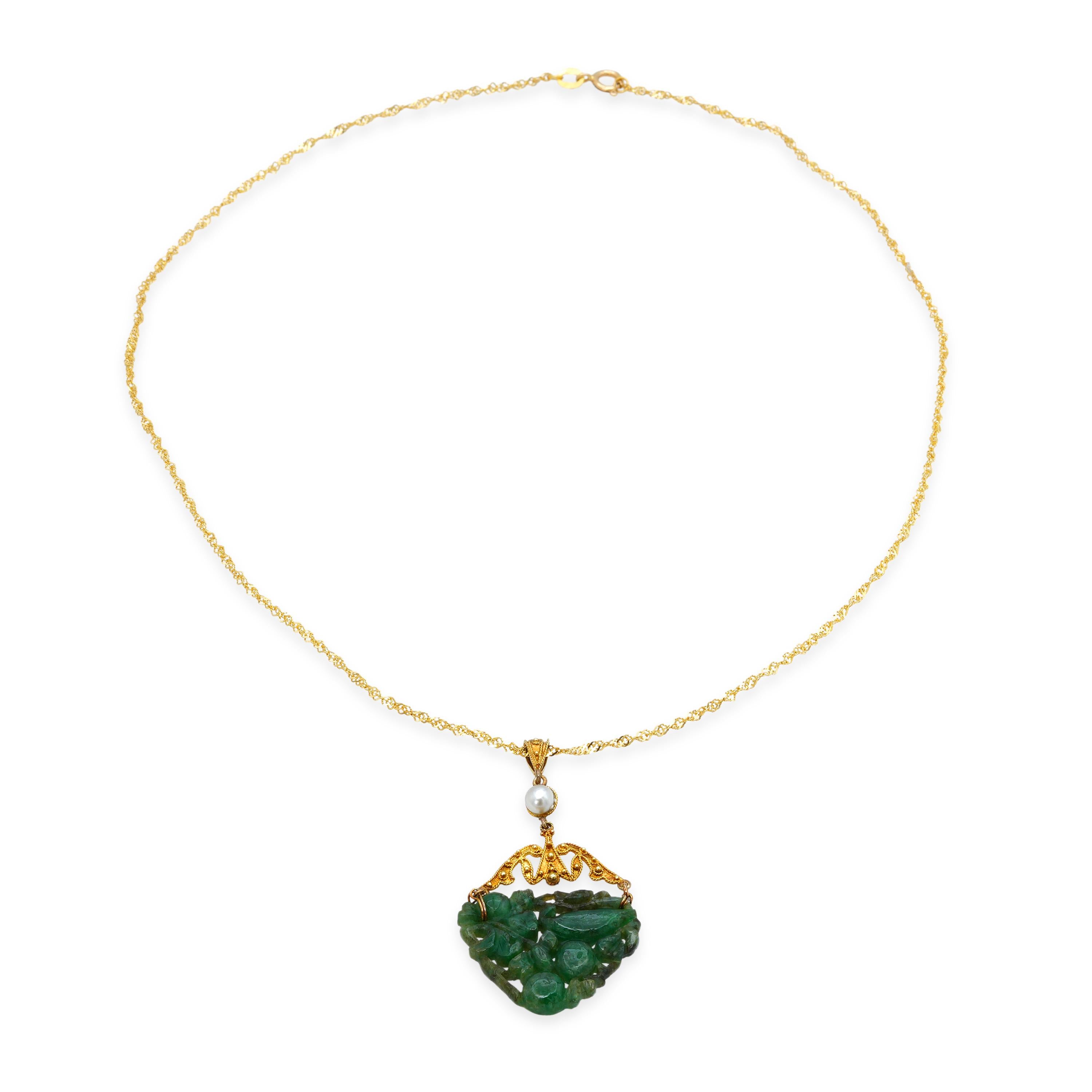 Antique 18k Riveted Yellow Gold Pearl and Jadeite Jade Carving Pendant