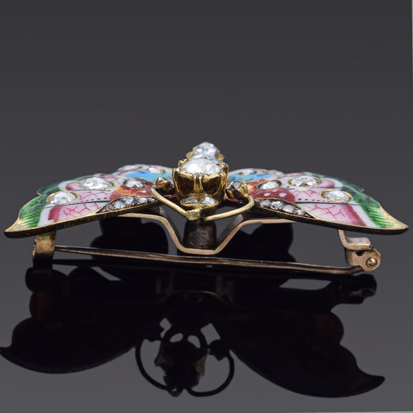 Antique 1.38 TCW Rose Cut Diamond 18K Yellow Gold Enamel Butterfly Brooch Pin