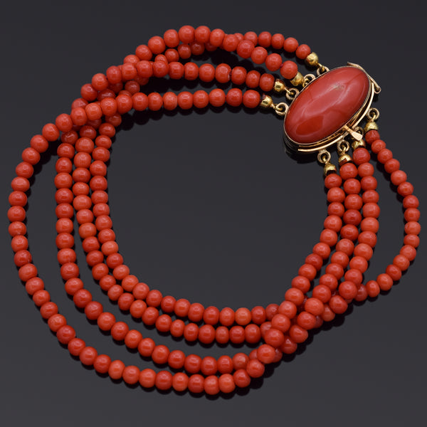 Vintage 18K Yellow Gold Red Coral Beaded Multi-Strand Bracelet