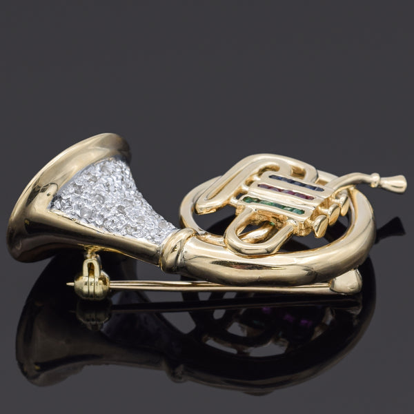 Estate Multi-Stone and 0.23 TCW Diamond 14K Yellow Gold French Horn Brooch Pin