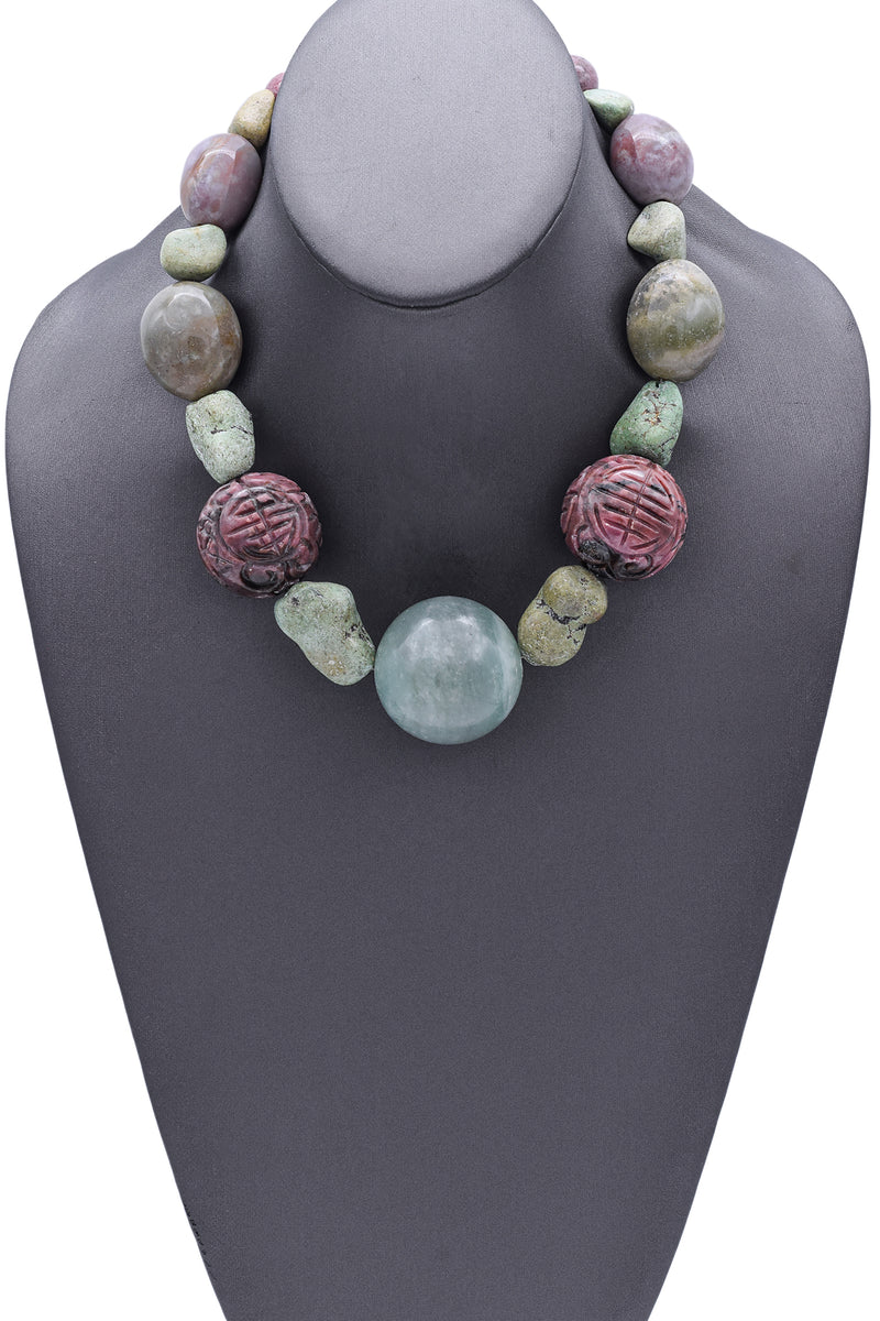 Stephen Dweck Sterling Silver Turquoise Lepidolite Rhodonite Beaded Necklace