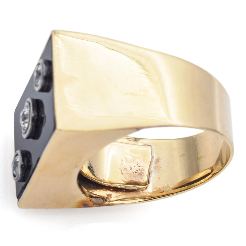 Antique 14K Yellow Gold Black Onyx & Old Euro Diamond Rectangle Signet Ring