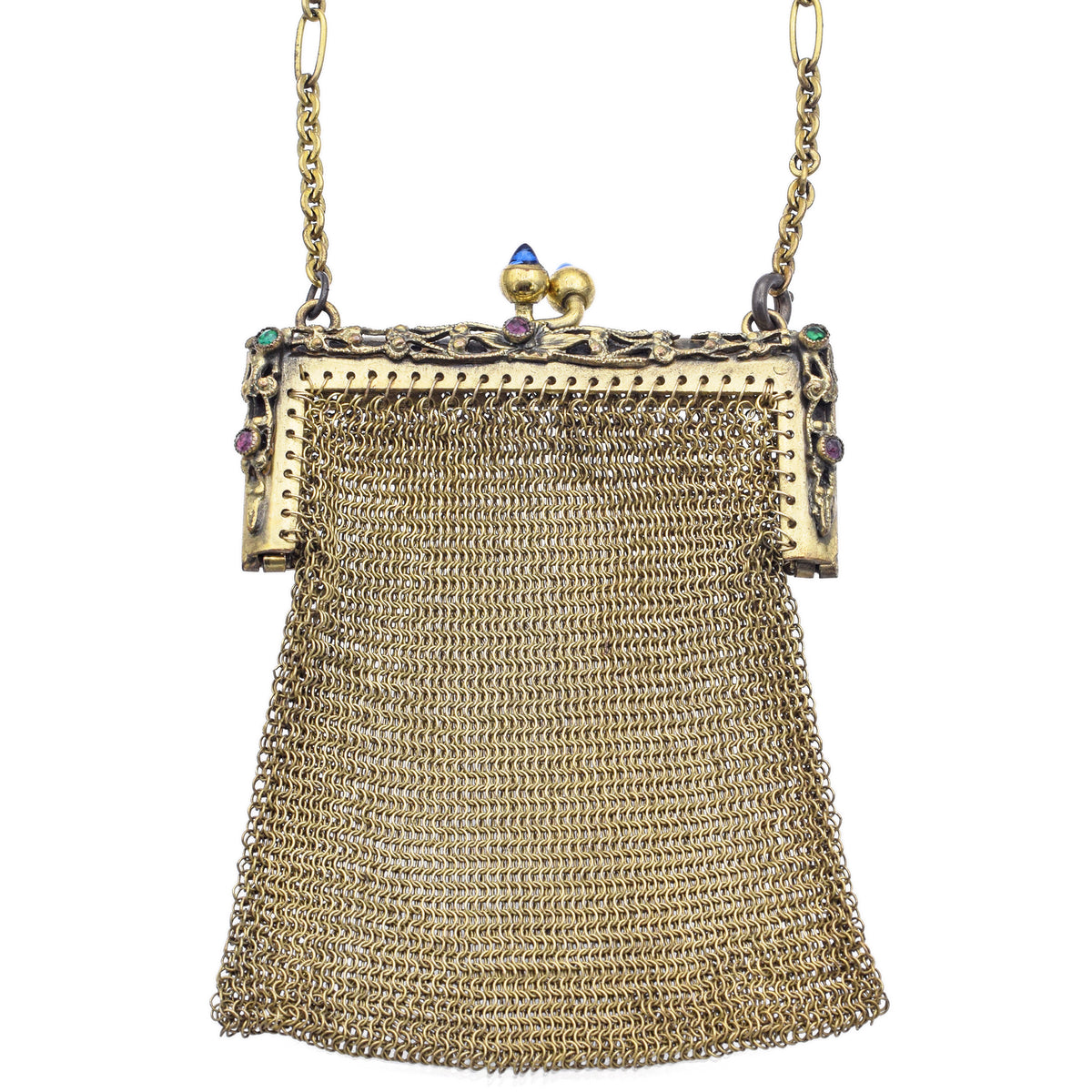 Antique Whiting & Davis German Silver Multi-Stone Mesh Purse Bag 