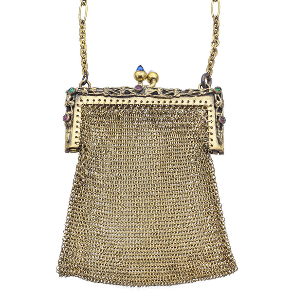 Antique Whiting & Davis German Silver Multi-Stone Mesh Purse Bag