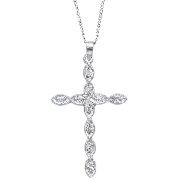 Vintage Platinum 0.20 TCW Diamond Cross Pendant on 14K Gold Chain Necklace