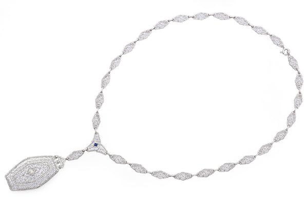 Vintage 13K White Gold Sapphire & Diamond Filigree Pendant Necklace