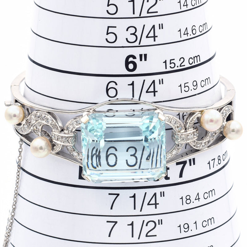 Vintage 14K White Gold 43.70 Ct Aquamarine, Pearl & 1.02 TCW Diamond Bracelet