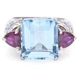 Vintage 18K White Gold 10.29 Ct Aquamarine, 1.40 TCW Ruby, 0.35 TCW Diamond Ring