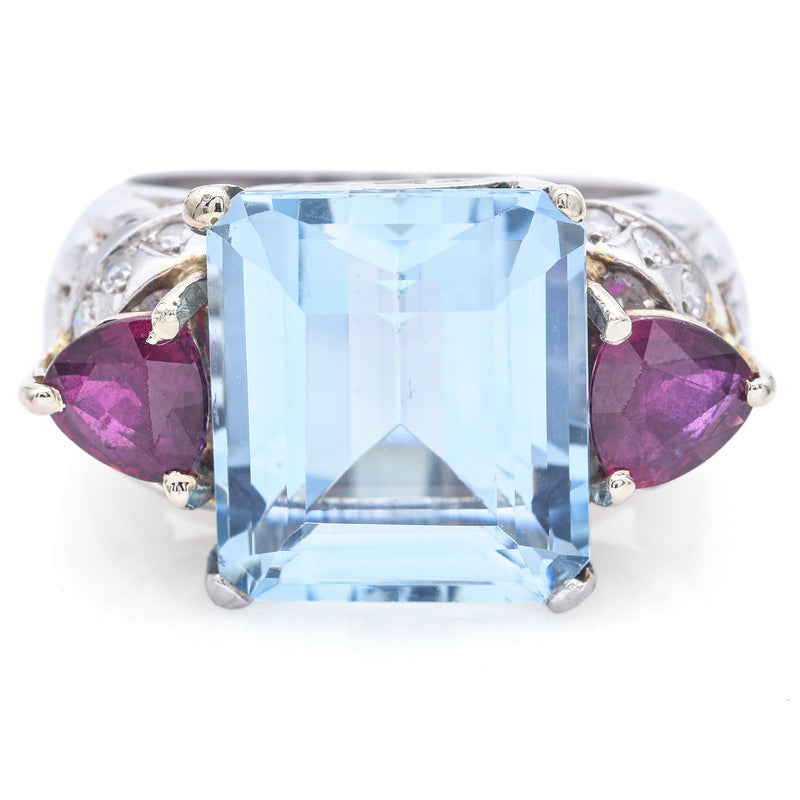 Vintage 18K White Gold 10.29 Ct Aquamarine, 1.40 TCW Ruby, 0.35 TCW Diamond Ring