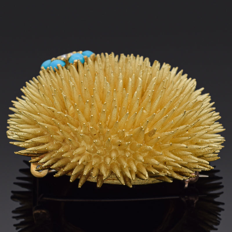 Vintage Tiffany & Co. 18K Yellow Gold Turquoise & Diamond Large Brooch Pin + Box