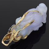 Vintage 14K Yellow Gold Lavender Green Jade & Diamond Carved Bird Gourd Pendant