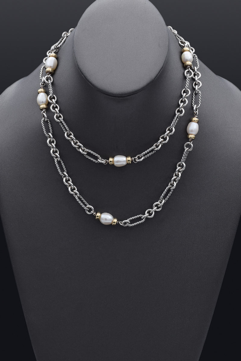 David Yurman Sterling Silver & 18K Yellow Gold Pearl Toggle Chain Necklace