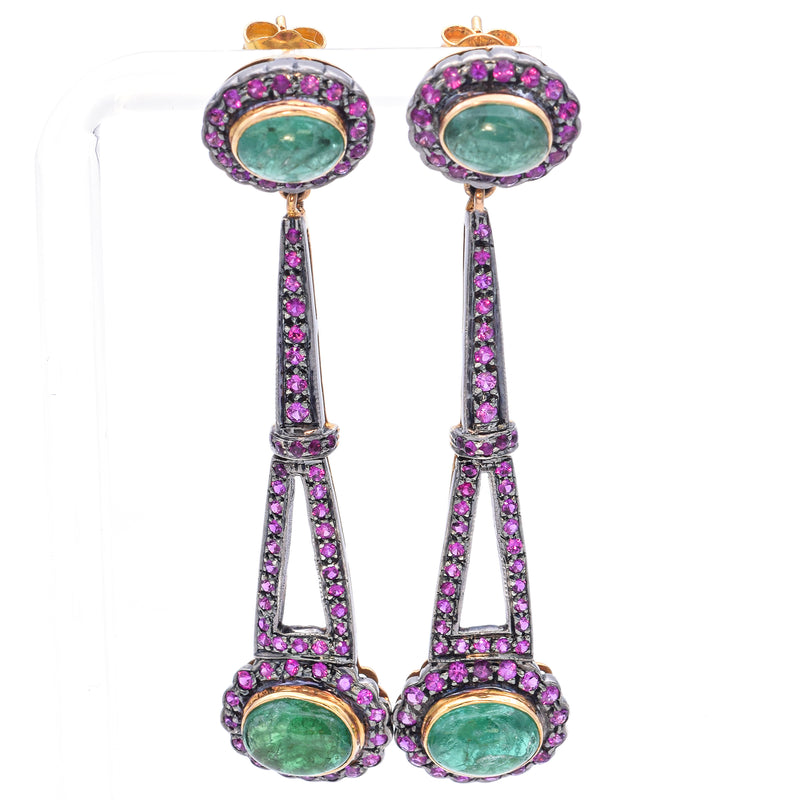 Estate 18K Gold & Sterling Silver Himalayan Pink Sapphire Emerald Drop Earrings