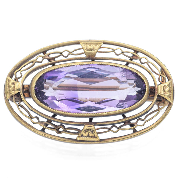 Antique 14K Yellow Gold Amethyst Oval Brooch Pin