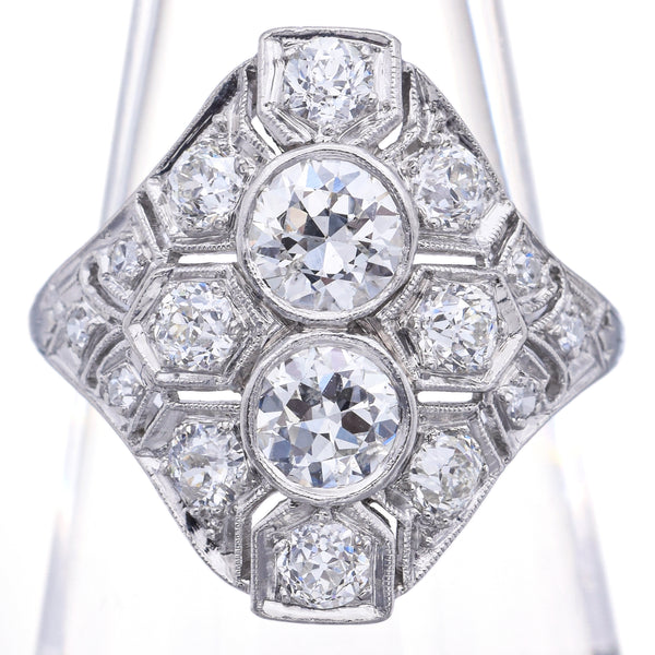 Antique Art Deco Platinum 1.89 TCW Diamond Shield Cocktail Ring Size 7