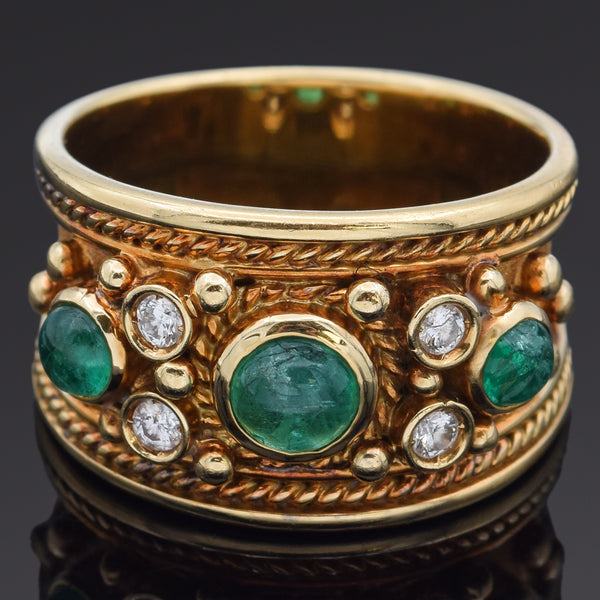 Vintage Emerald & Diamond 18K Yellow Gold Band Ring Size 6.5