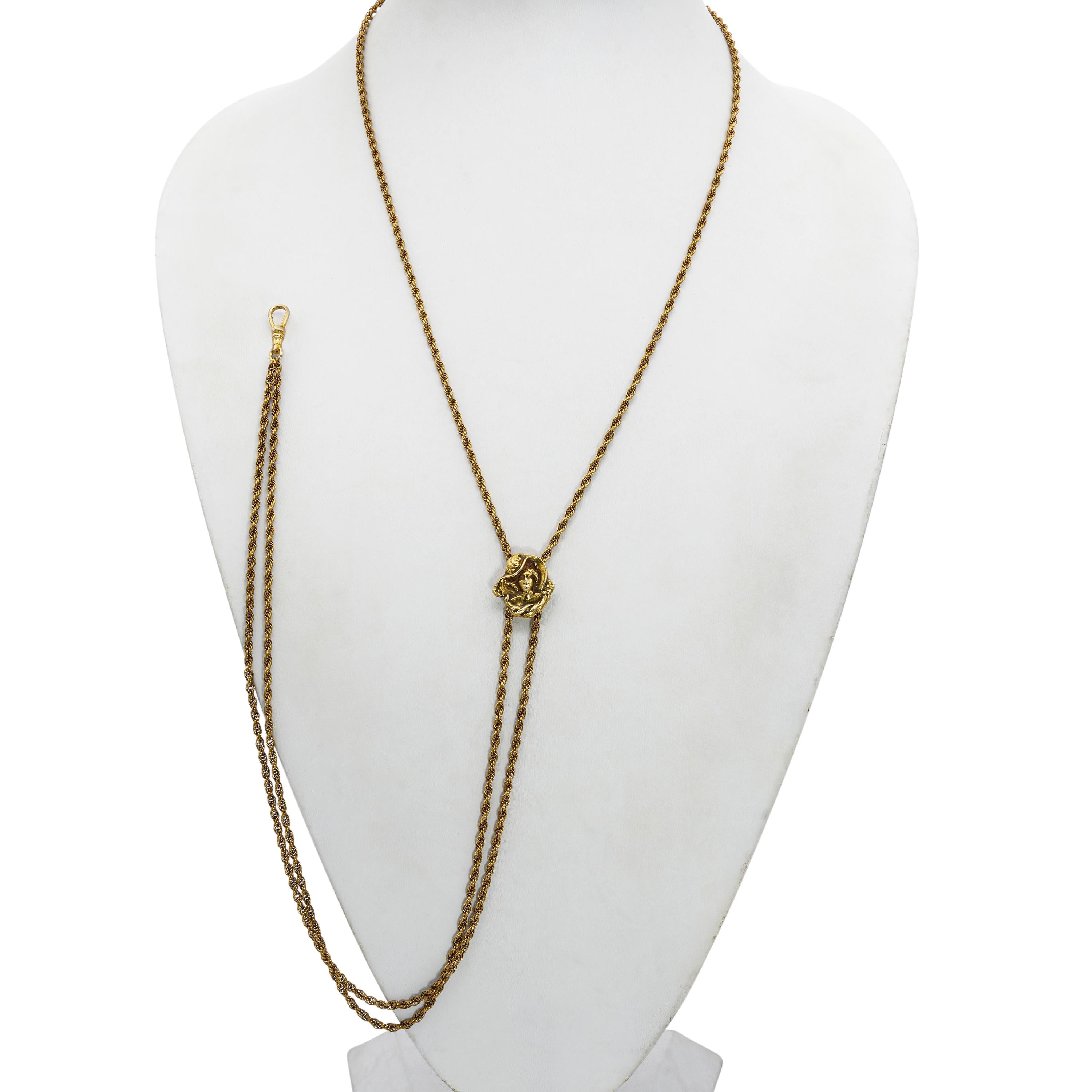 Antique Art Nouveau Yellow Gold Gibson Girl Slide Watch Chain Necklace