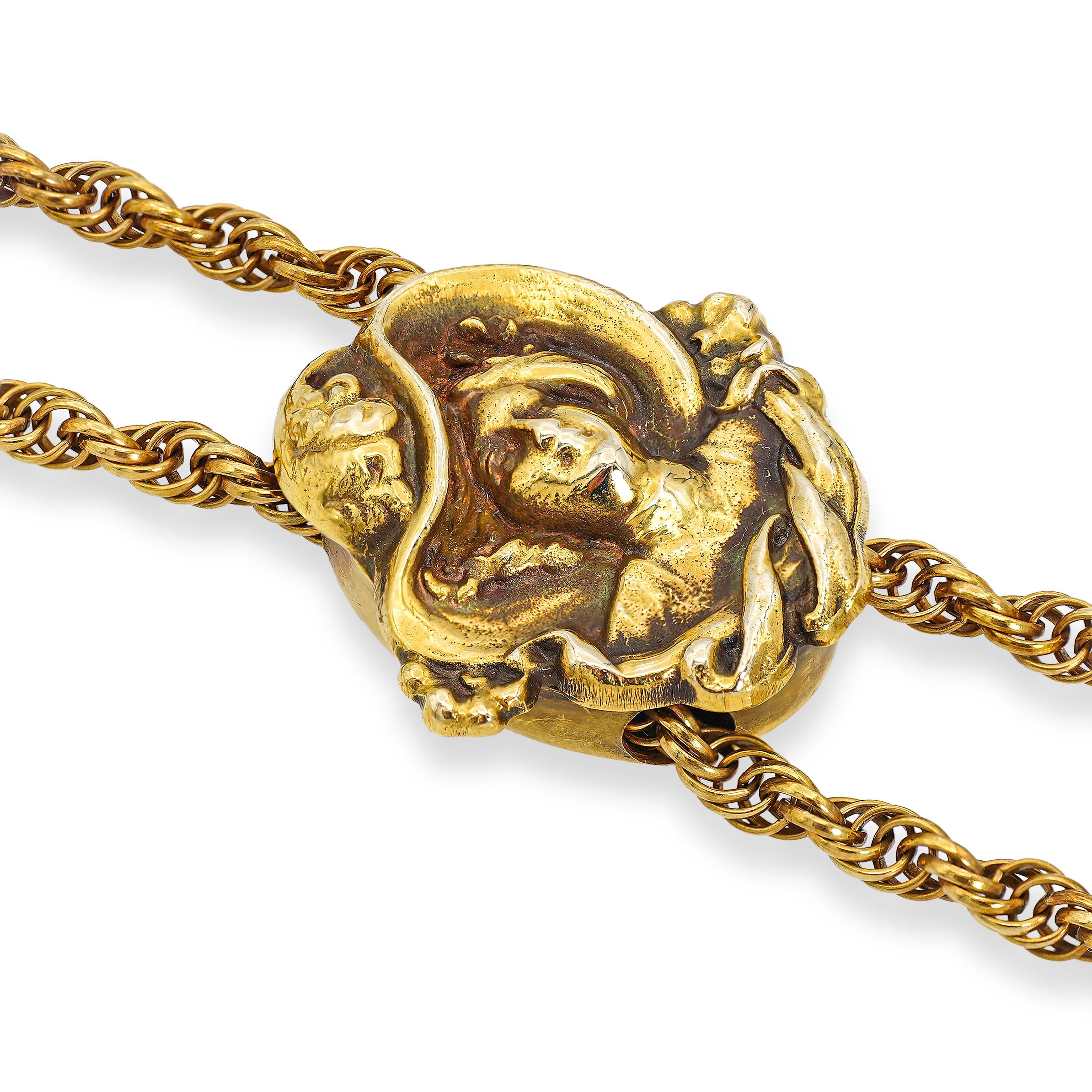 Antique Art Nouveau Yellow Gold Gibson Girl Slide Watch Chain Necklace