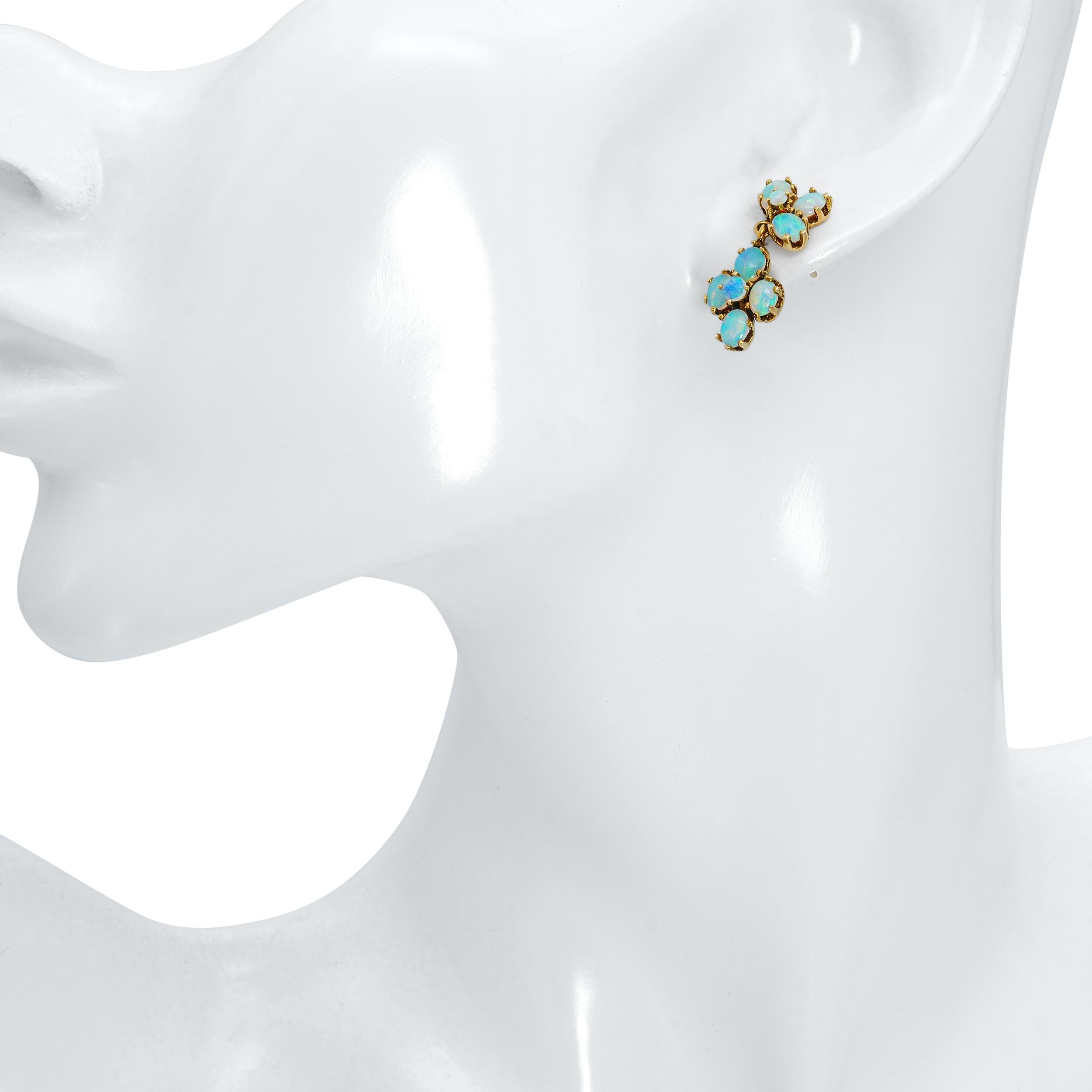 Vintage 14k Yellow Gold Opal Cluster Drop Earrings