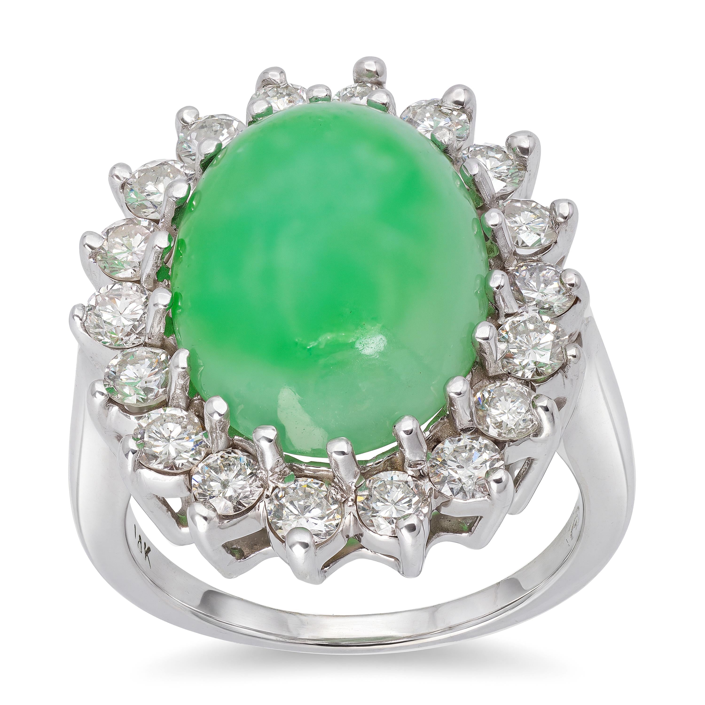Vintage 14k White Gold Jadeite and Diamond Halo Cocktail Ring