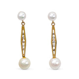 Vintage Yellow Gold Pearl and Diamond Geometric Drop Earrings
