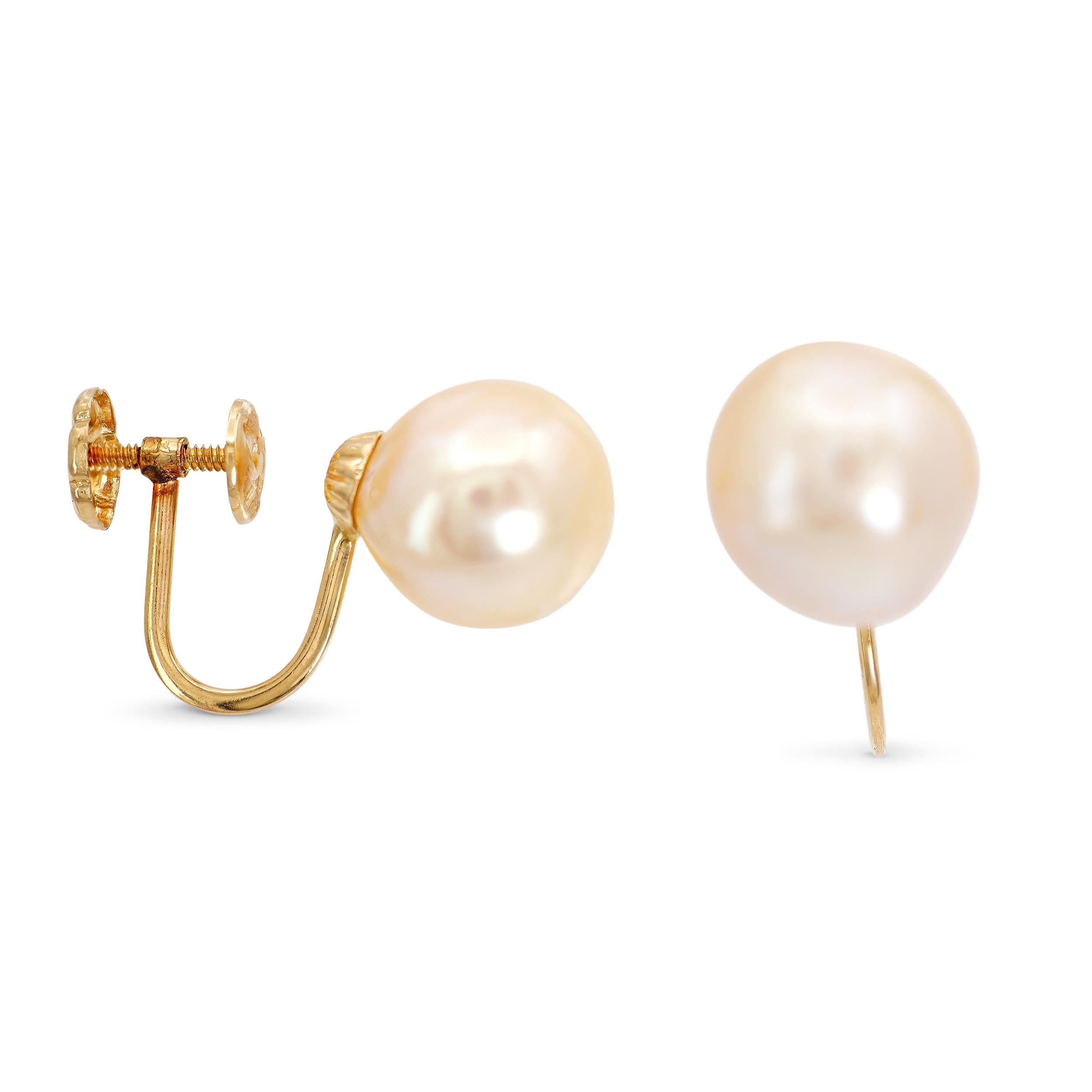 Vintage 14k Yellow Gold 10mm Pearl Screw on Earrings