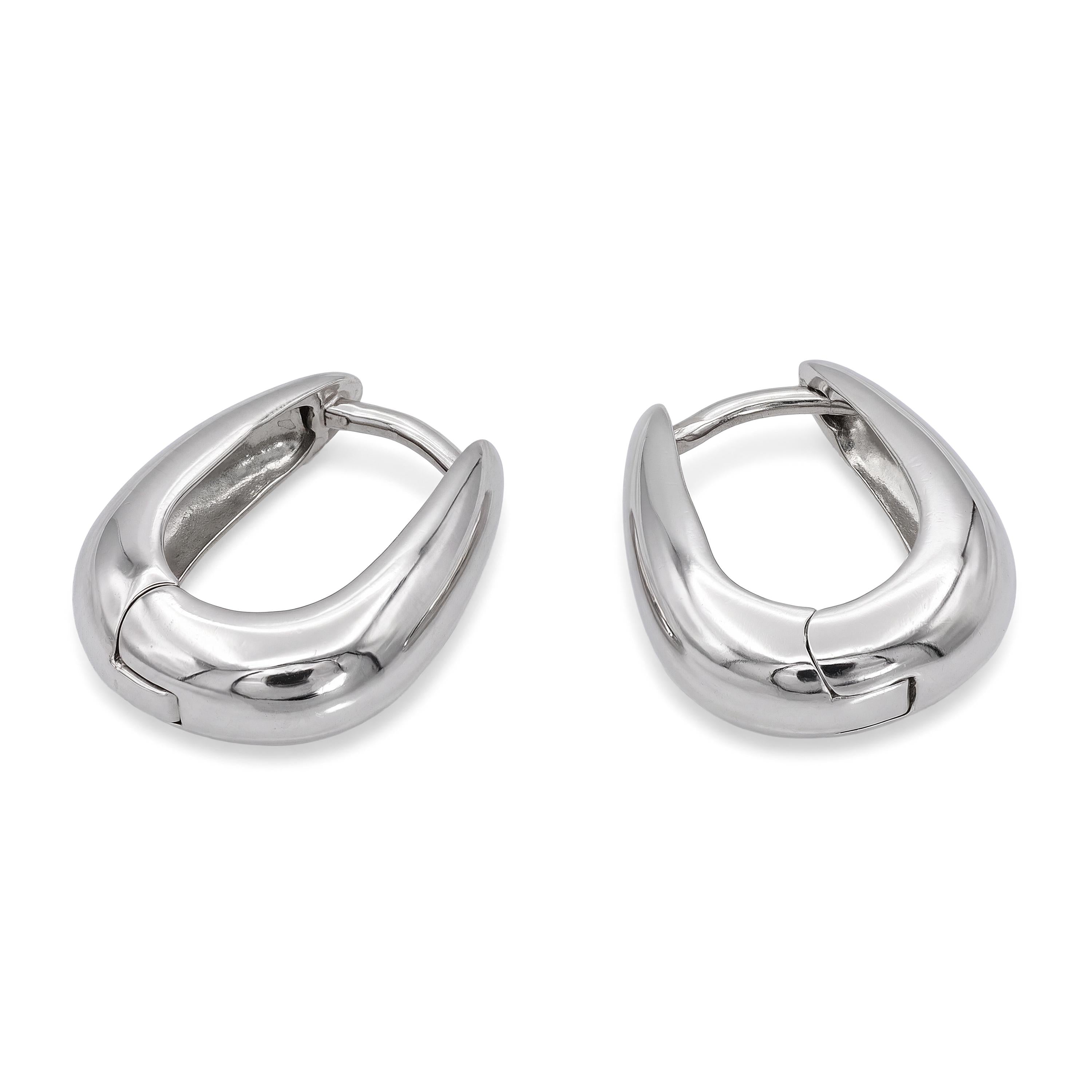 Vintage Italian Platinum Hinged Tapered Oval Hoop Earrings