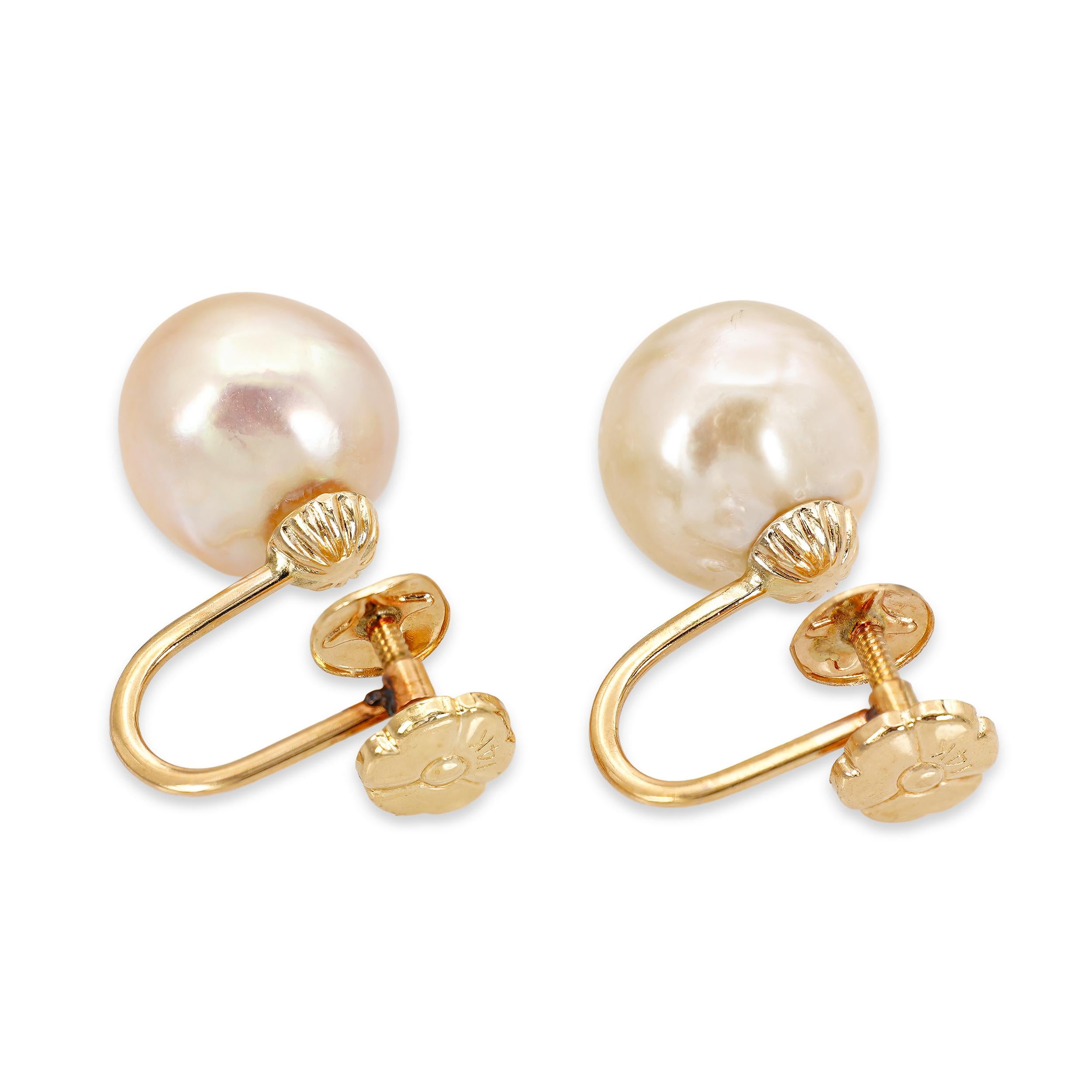 Vintage 14k Yellow Gold 10mm Pearl Screw on Earrings