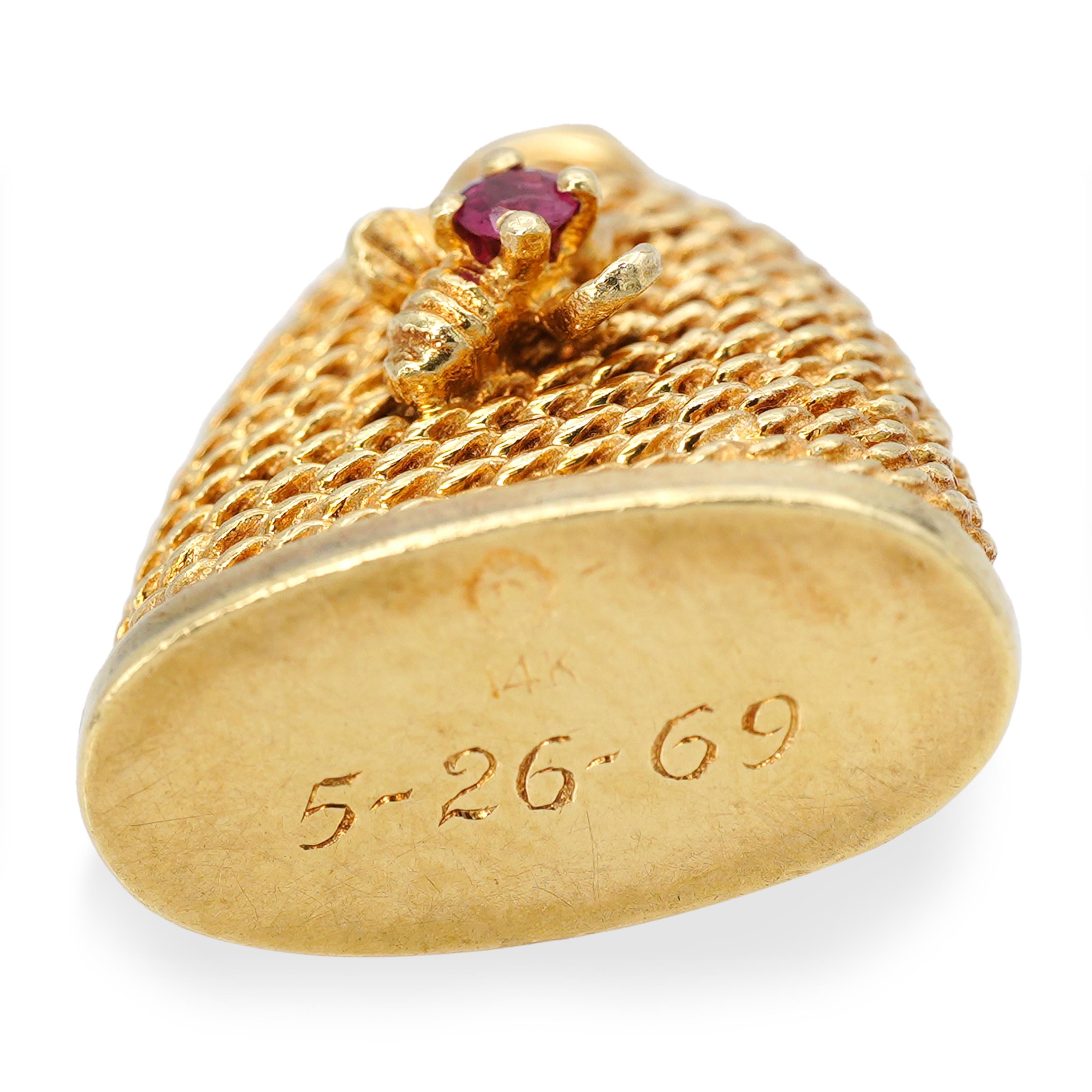 Vintage 14k Yellow Gold Ruby Beehive Charm Pendant