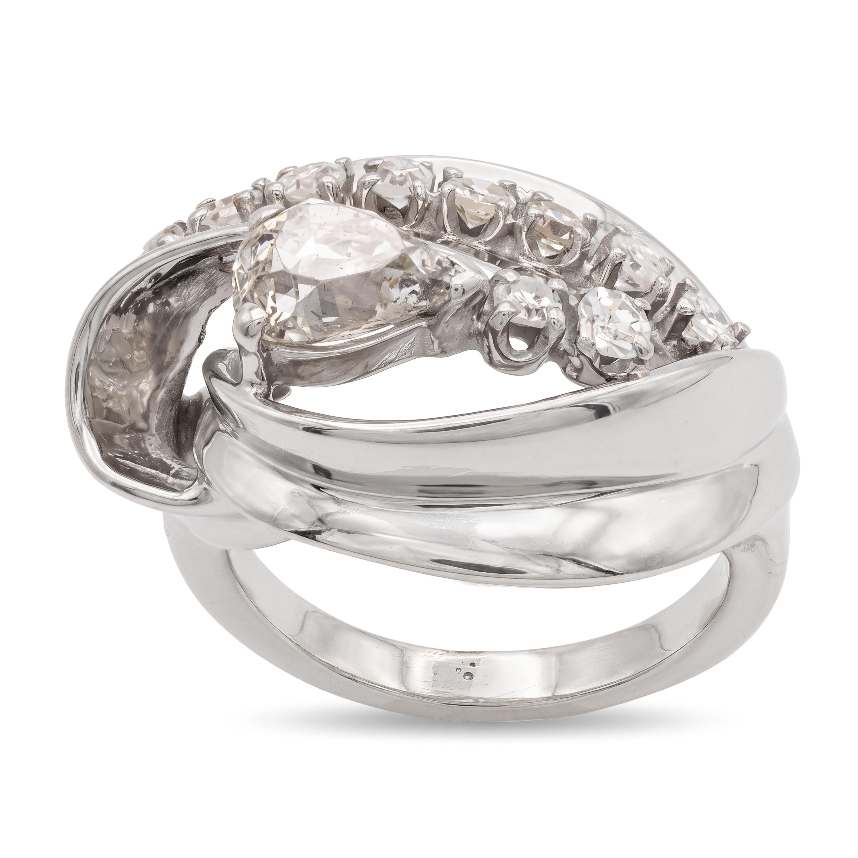 Vintage Platinum 1.15tcw Old Mine Pear Diamond Floral Leaf Ring