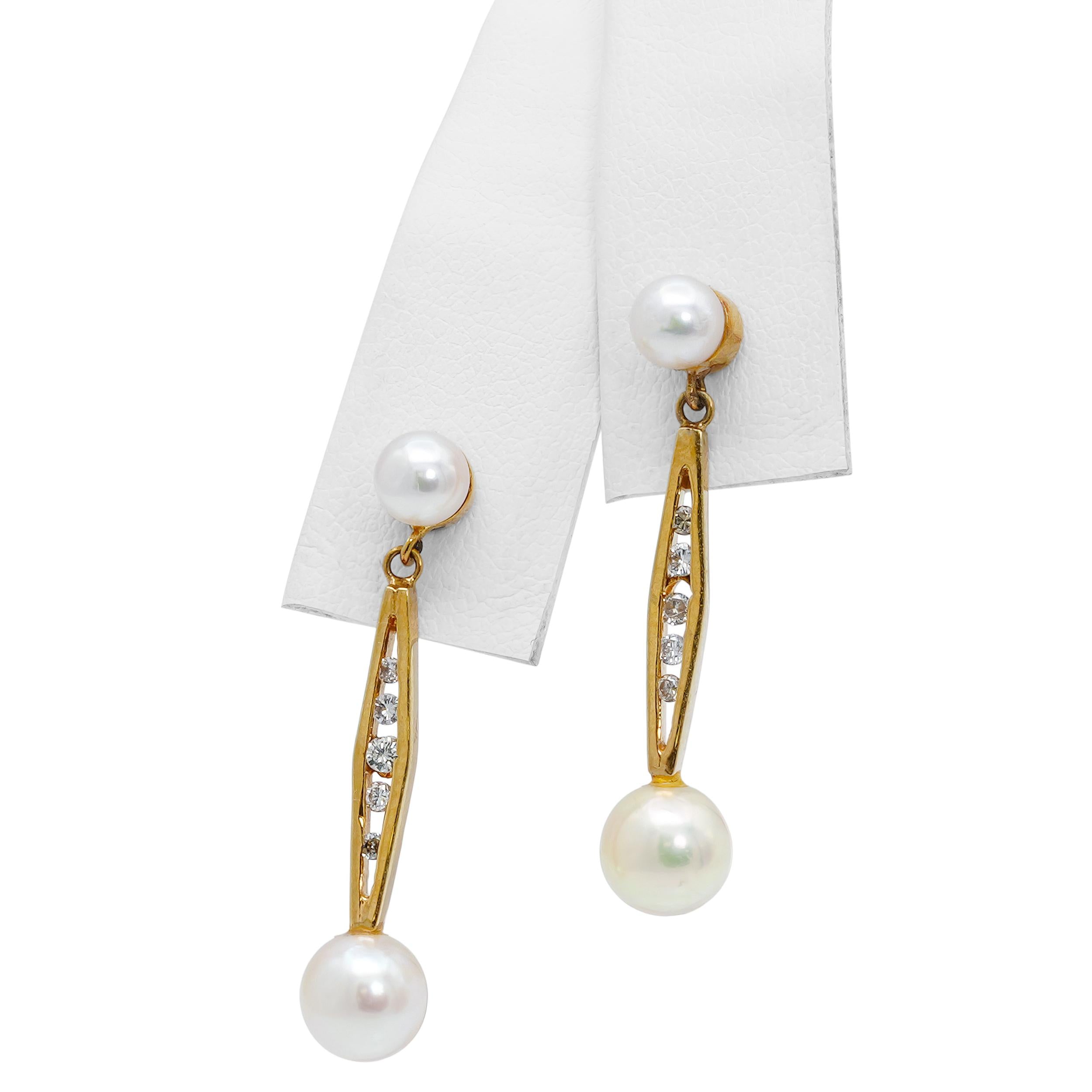 Vintage Yellow Gold Pearl and Diamond Geometric Drop Earrings