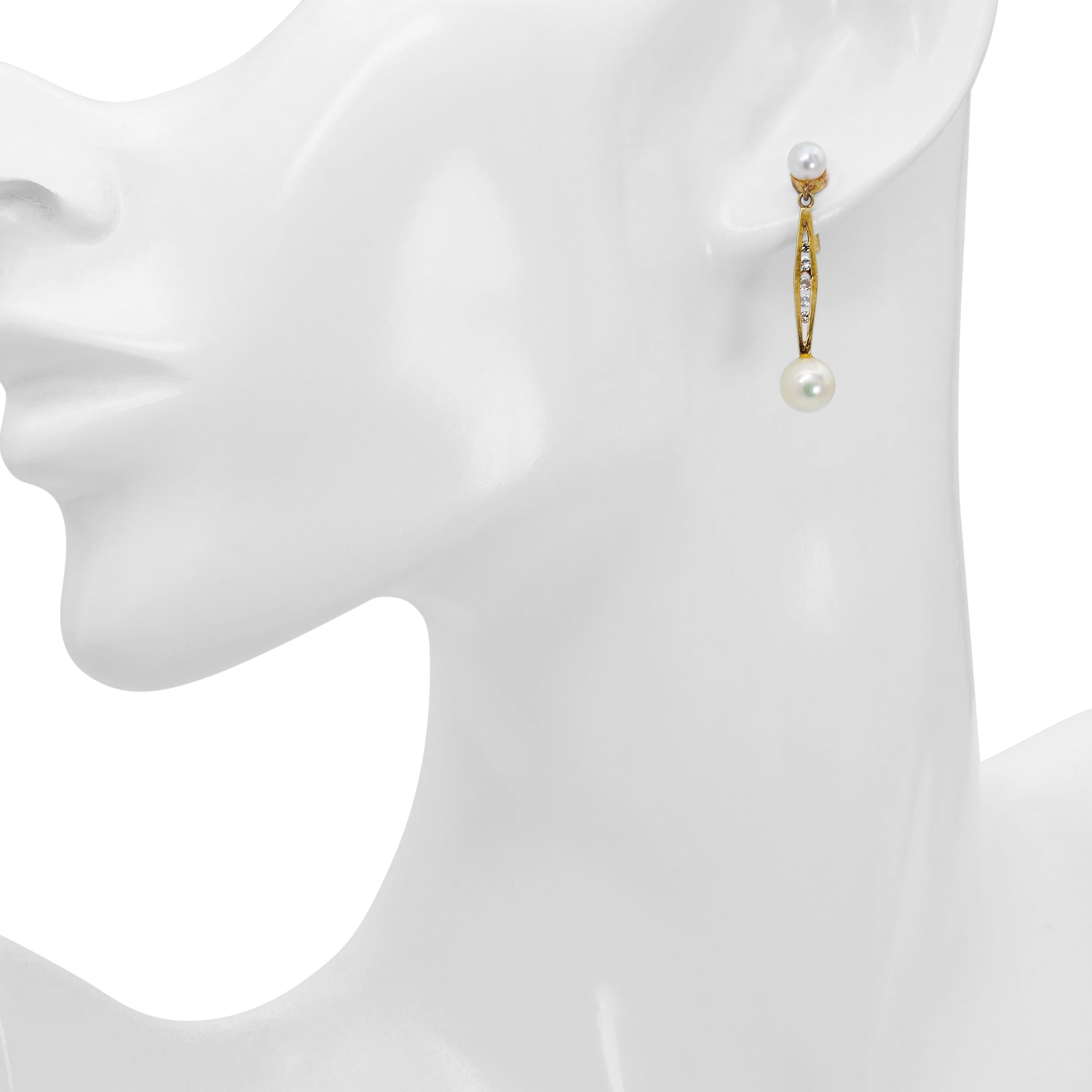 Vintage Yellow Gold Pearl and Diamond Geometric Drop Earrings