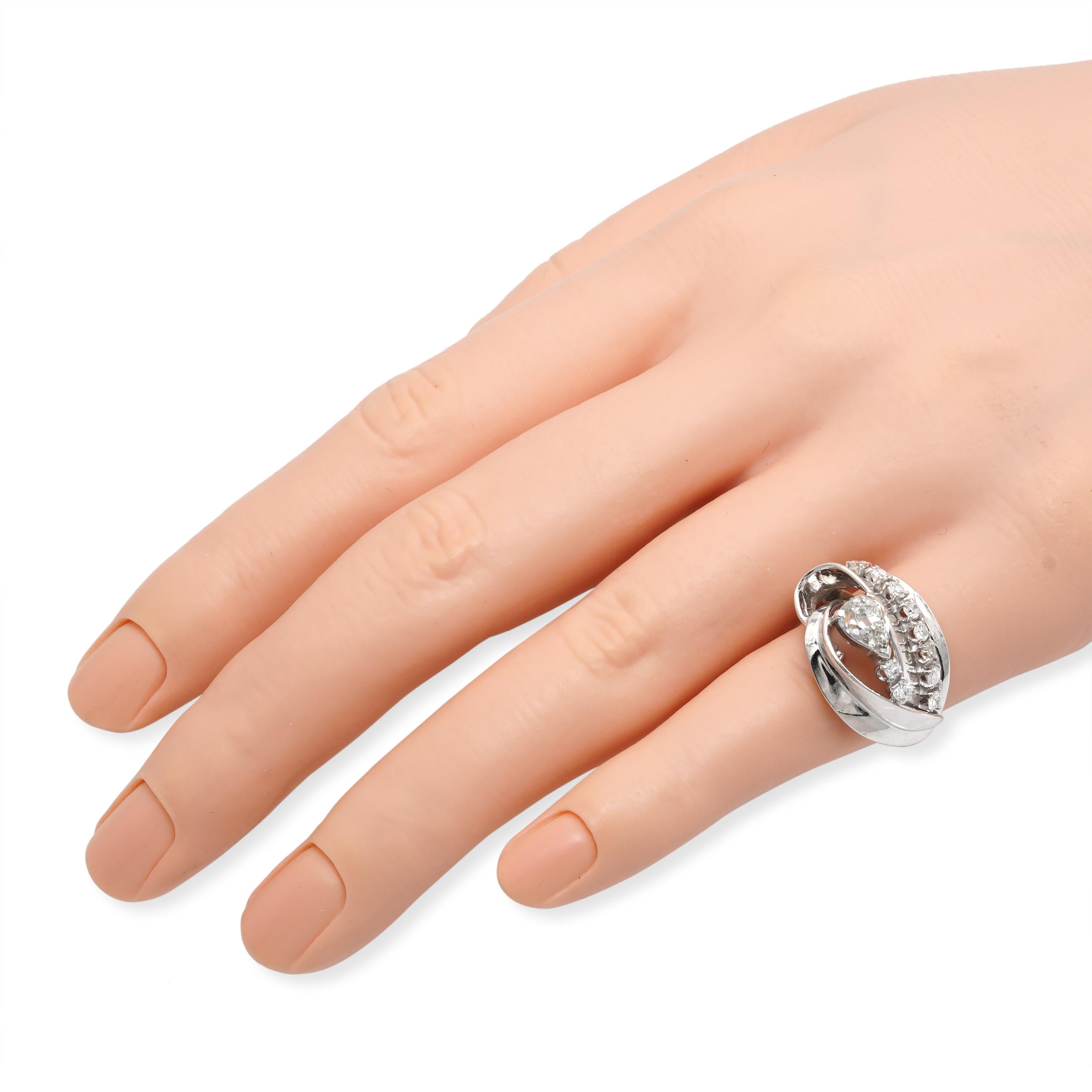 Vintage Platinum 1.15tcw Old Mine Pear Diamond Floral Leaf Ring
