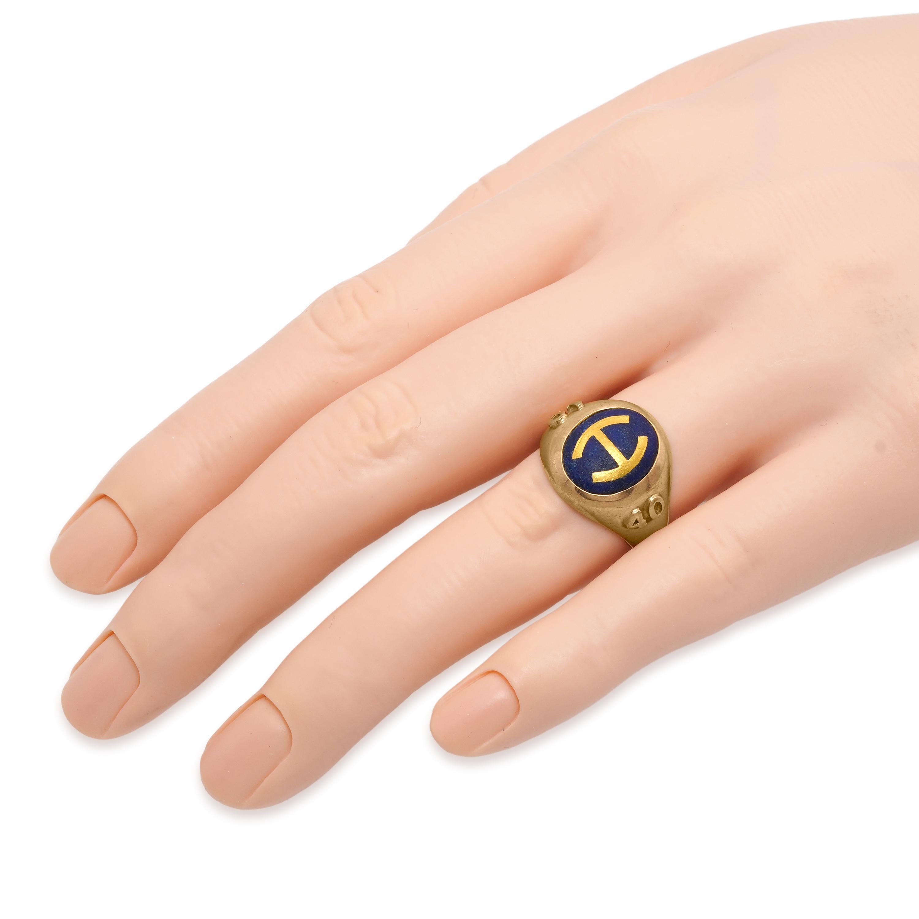Vintage 1940 10k Yellow Gold Lapis Lazuli and Inlay H. Initial Ring