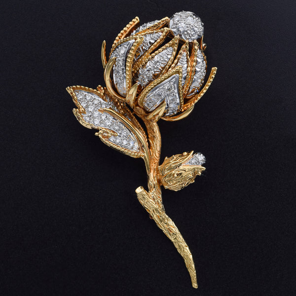 Vintage Yellow & White Gold 2.22 TCW Diamond Heavy Floral Brooch