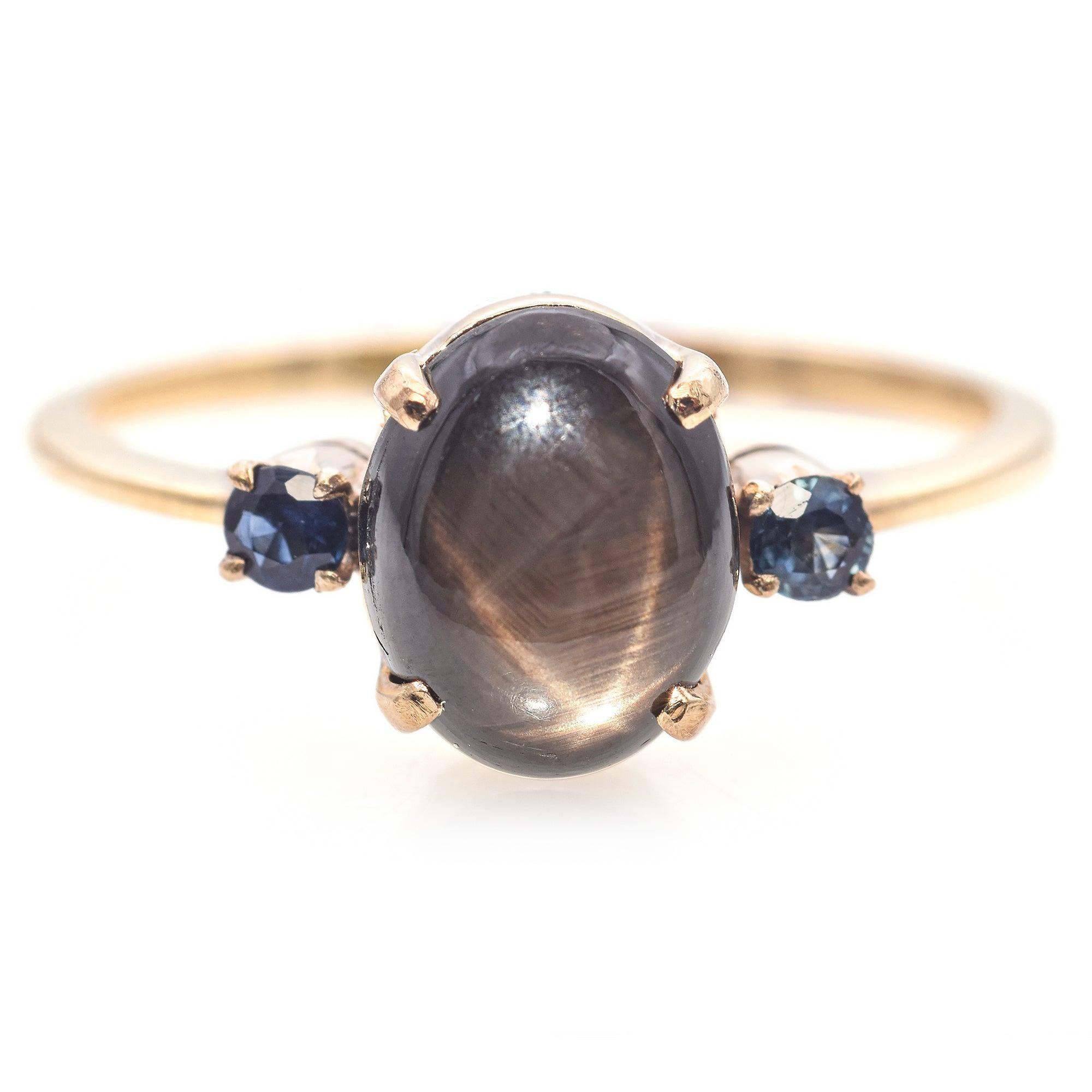 10k Yellow Gold Black Star Sapphire Cabochon and Accent Round Sapphire Ring