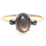 10k Yellow Gold Black Star Sapphire Cabochon and Accent Round Sapphire Ring