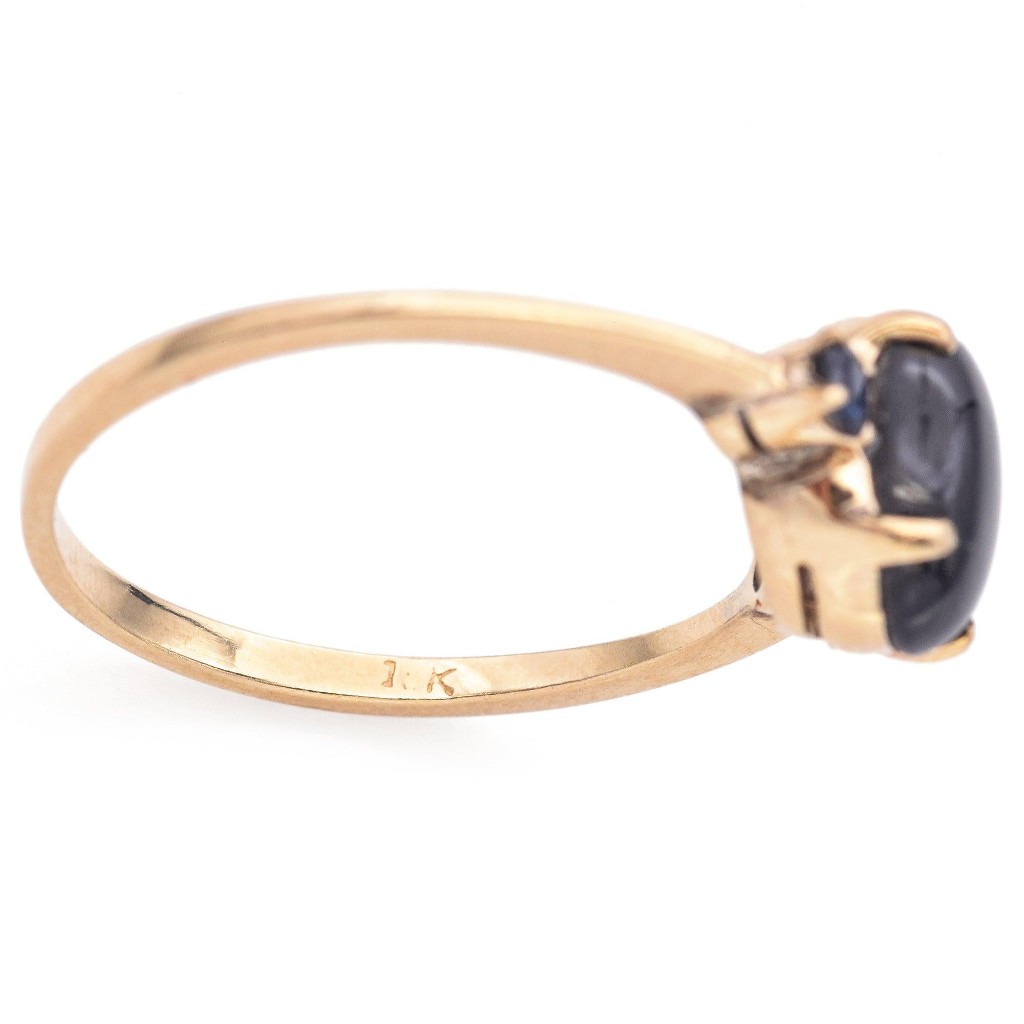 10k Yellow Gold Black Star Sapphire Cabochon and Accent Round Sapphire Ring