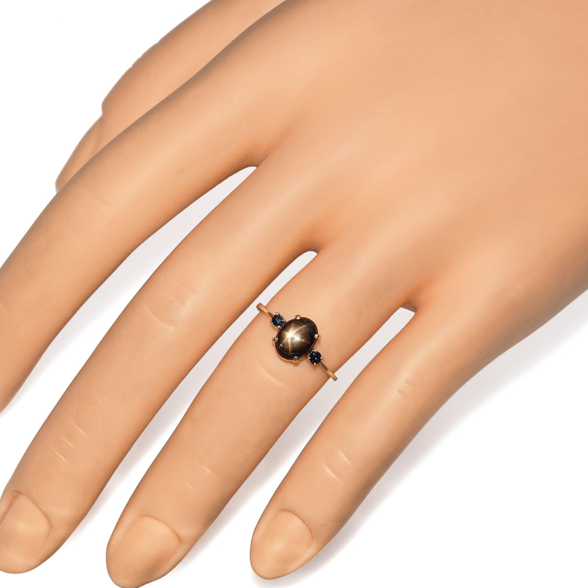 10k Yellow Gold Black Star Sapphire Cabochon and Accent Round Sapphire Ring