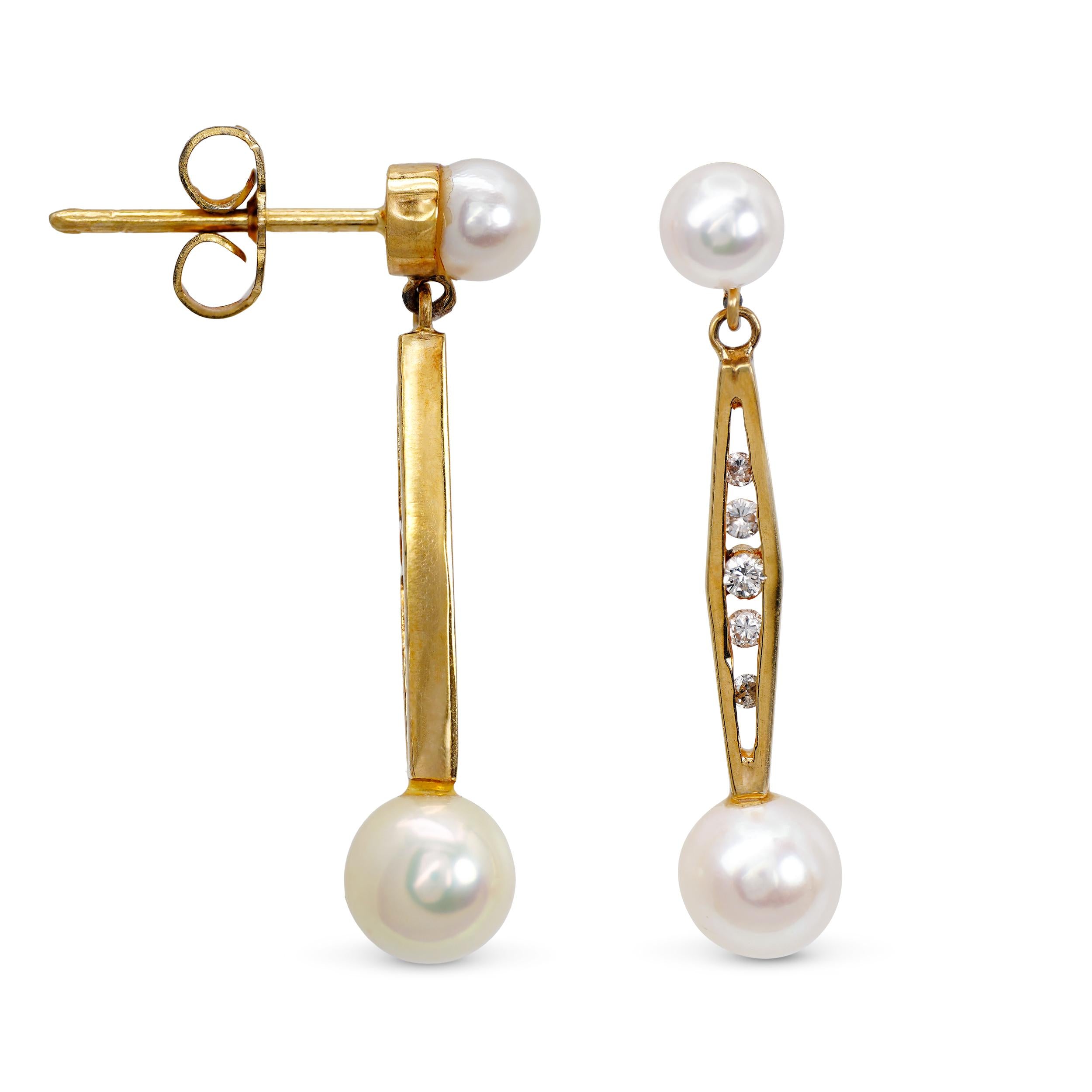 Vintage Yellow Gold Pearl and Diamond Geometric Drop Earrings