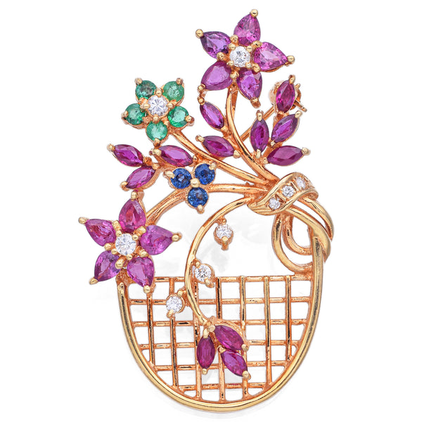 Vintage 18K Yellow Gold Multi-Stone & Diamond Flower Basket Brooch Pin Pendant