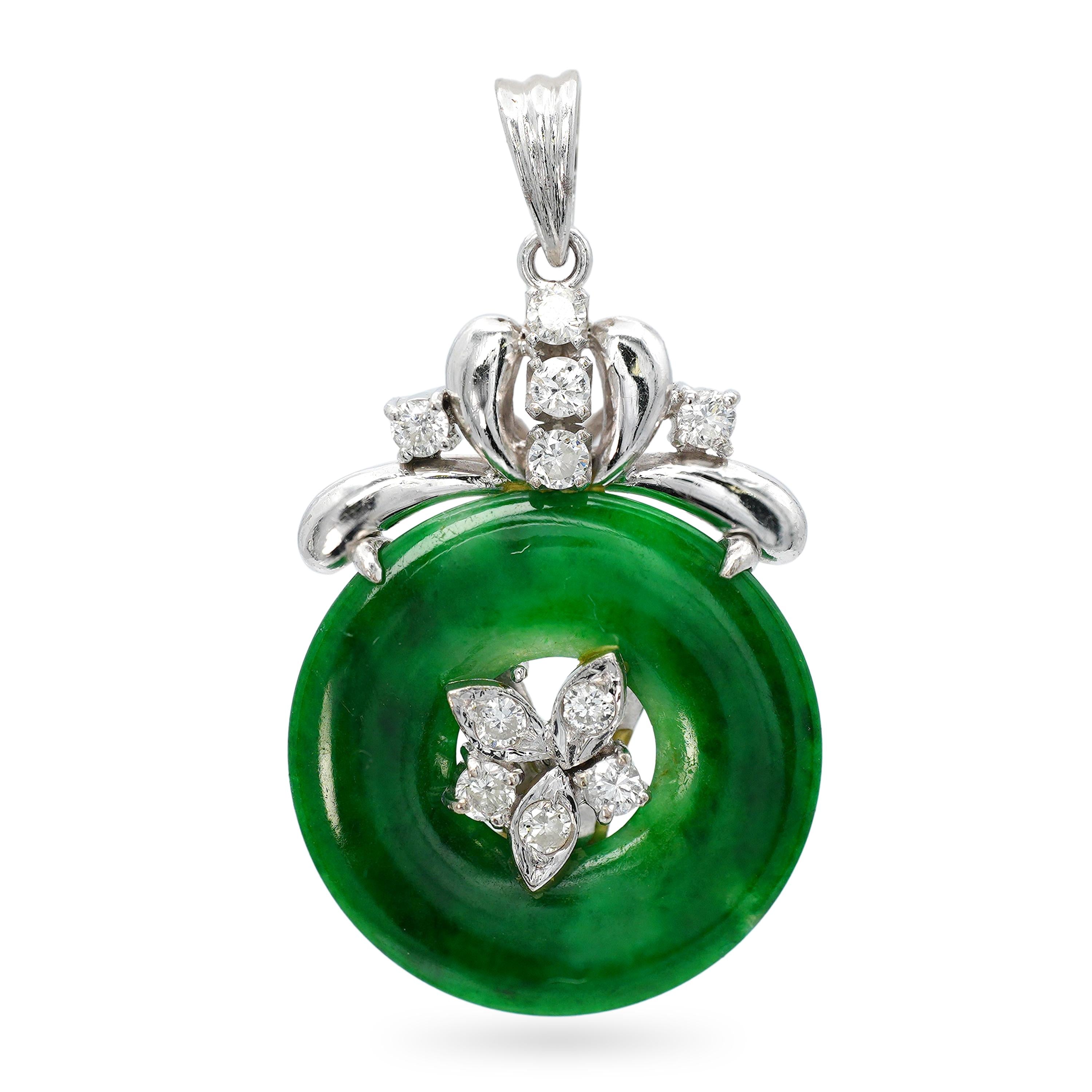 Vintage 14k White Gold Jadeite Jade and Diamond Donut Pendant