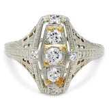 Art Deco 18k White Gold Diamond Three Stone Cocktail Ring