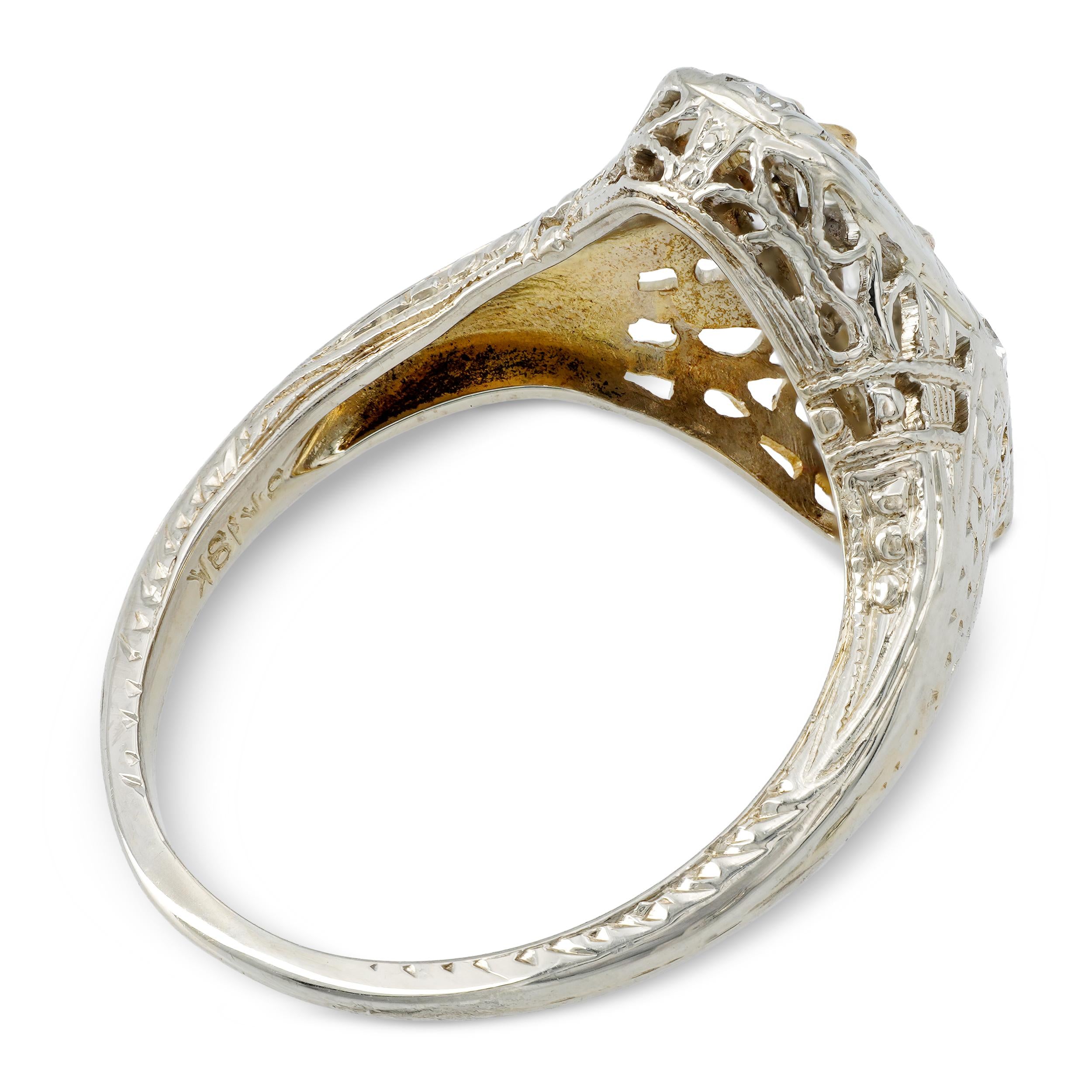 Art Deco 18k White Gold Diamond Three Stone Cocktail Ring