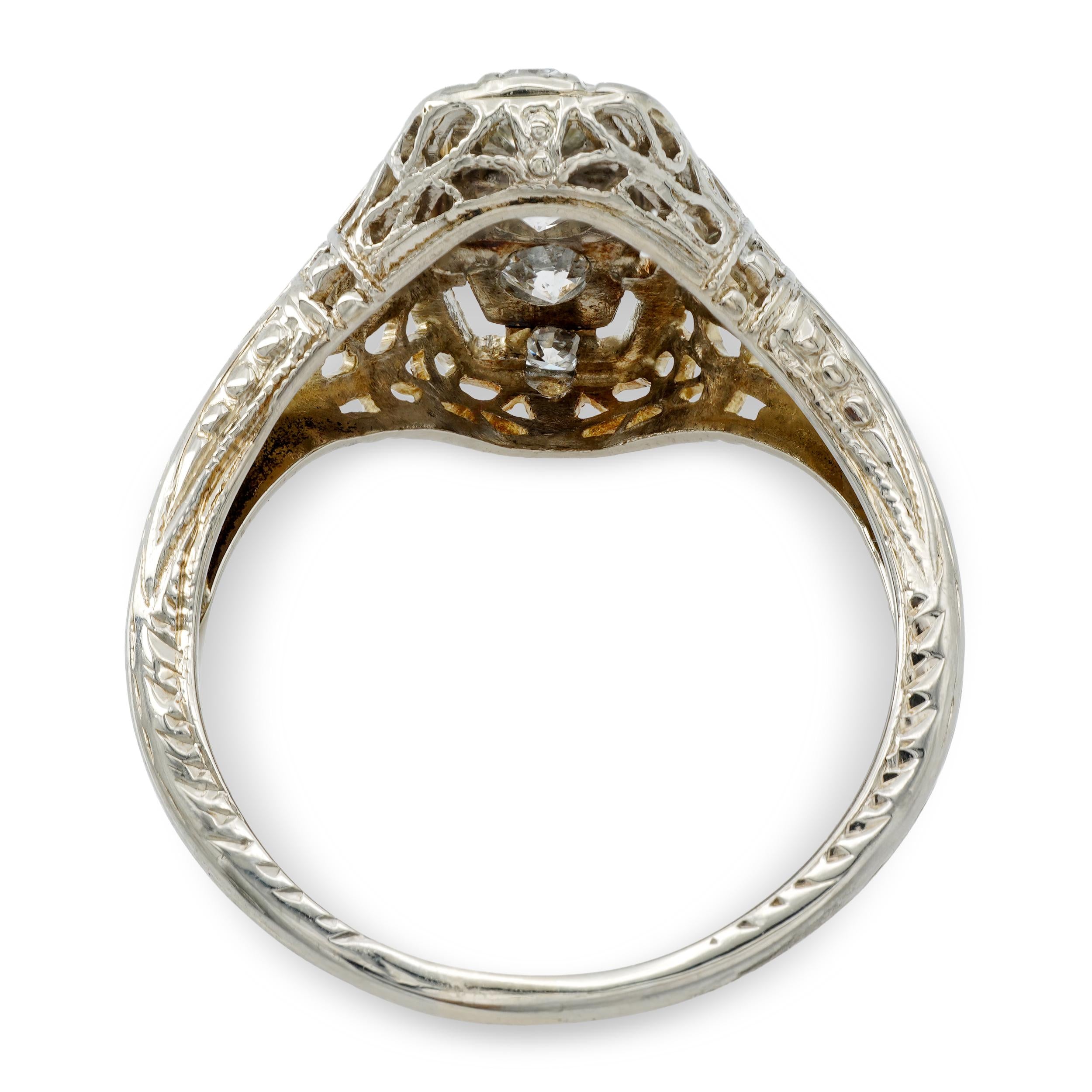 Art Deco 18k White Gold Diamond Three Stone Cocktail Ring